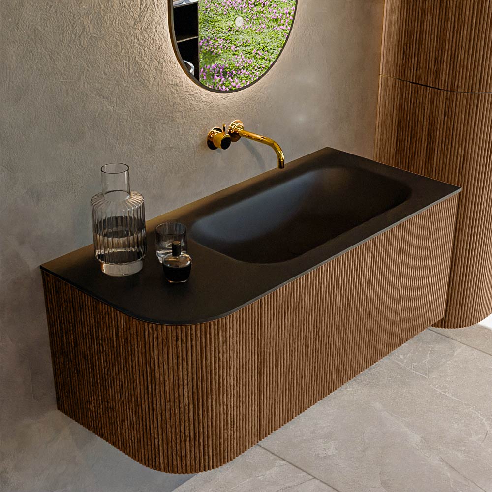 MONDIAZ KURVE 105cm badmeubel ronding Links kleur Walnut met 1 lade en 1 deur. Wastafel BIG SMALL Rechts zonder kraangat Urban.