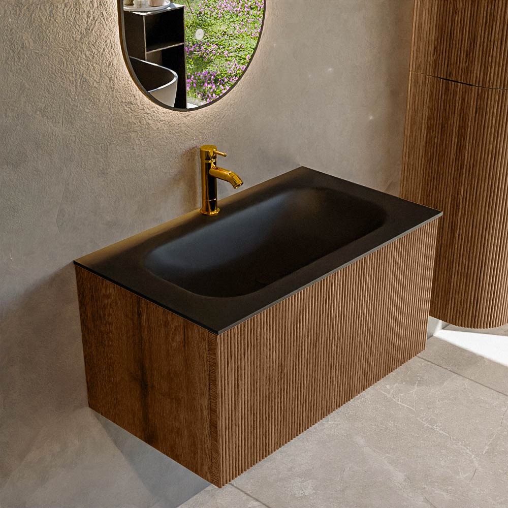MONDIAZ KURVE 80cm badmeubel kleur Walnut met 1 lade en 0 deuren. Wastafel BIG SMALL Midden 1 kraangat Urban.