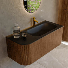 MONDIAZ KURVE 105cm badmeubel ronding Links kleur Walnut met 1 lade en 1 deur. Wastafel BIG SMALL Rechts 1 kraangat Urban.