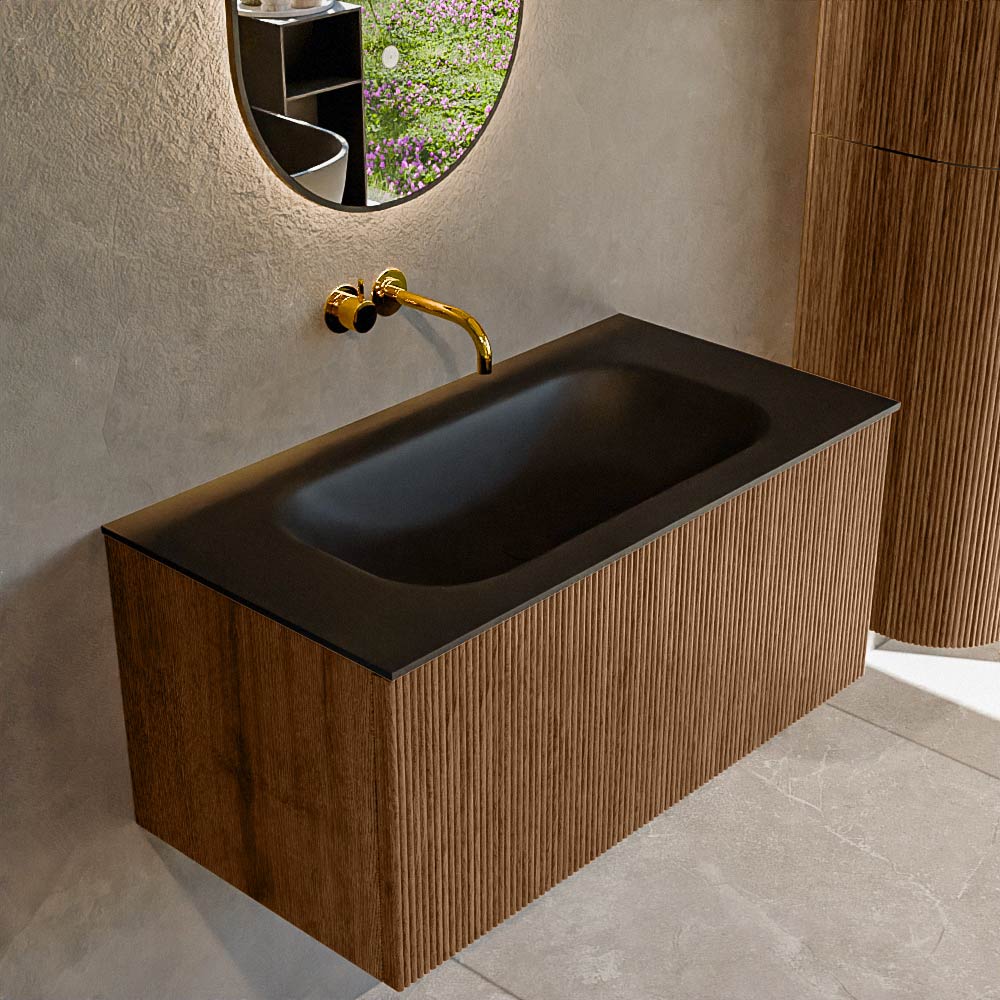 MONDIAZ KURVE 90cm badmeubel kleur Walnut met 1 lade en 0 deuren. Wastafel BIG SMALL Midden zonder kraangat Urban.