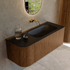 MONDIAZ KURVE 115cm badmeubel ronding Links kleur Walnut met 1 lade en 1 deur. Wastafel BIG SMALL Rechts zonder kraangat Urban.