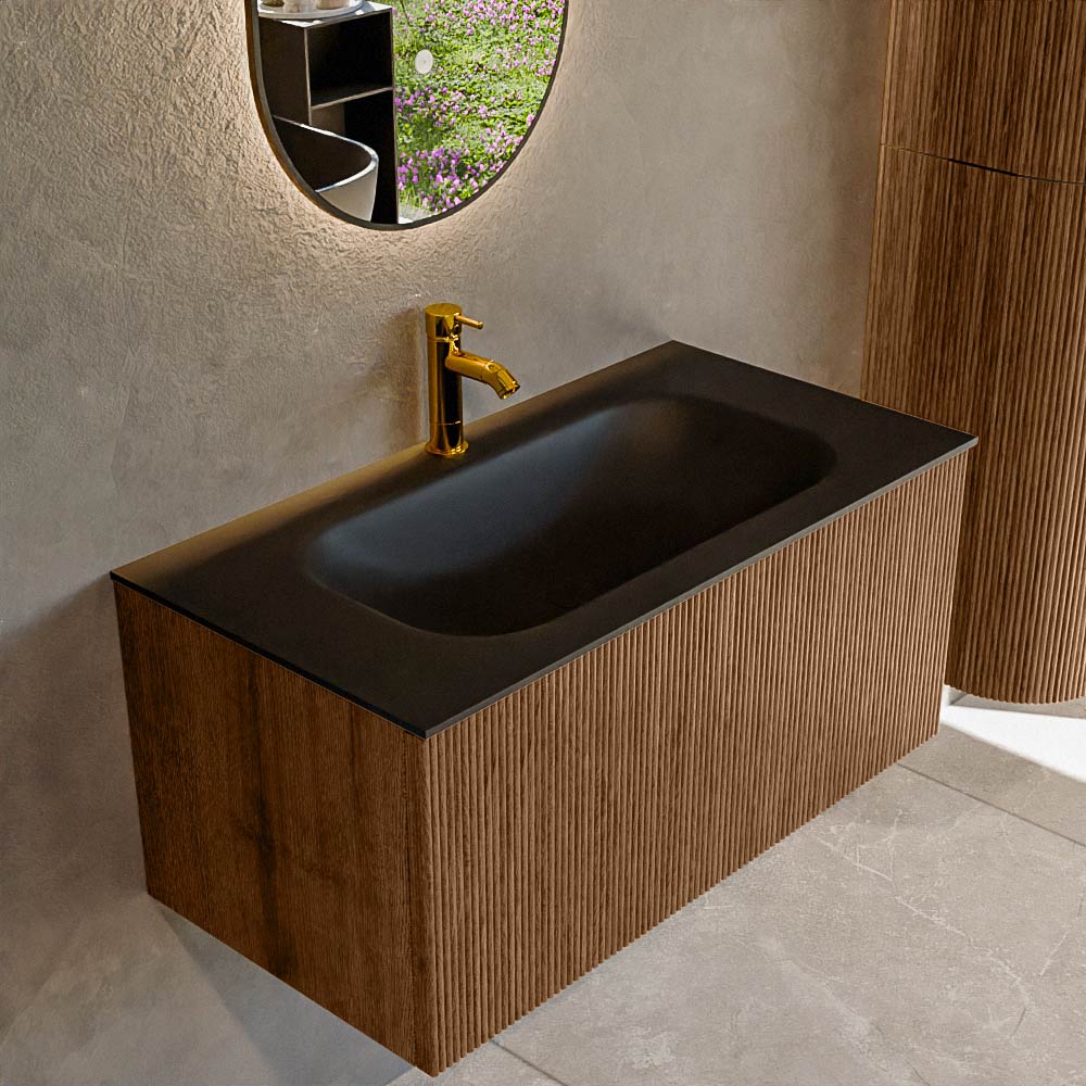 MONDIAZ KURVE 90cm badmeubel kleur Walnut met 1 lade en 0 deuren. Wastafel BIG SMALL Midden 1 kraangat Urban.