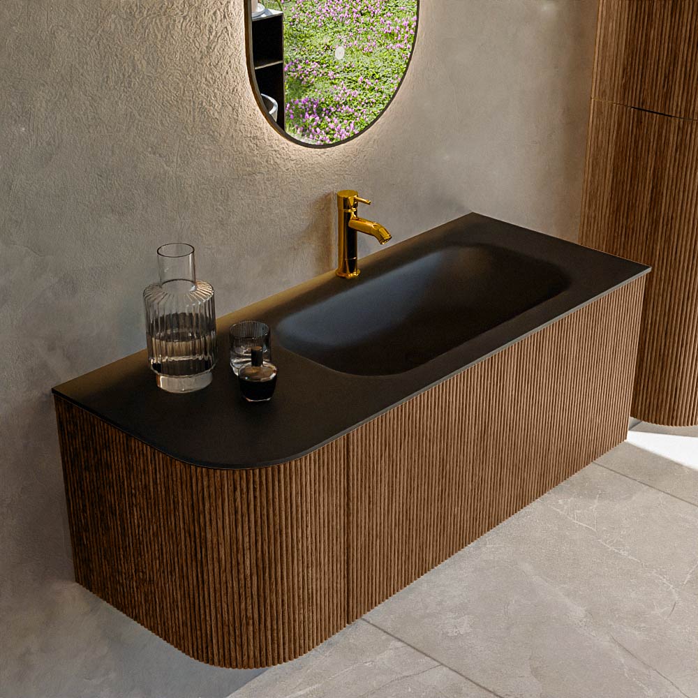 MONDIAZ KURVE 115cm badmeubel ronding Links kleur Walnut met 1 lade en 1 deur. Wastafel BIG SMALL Rechts 1 kraangat Urban.