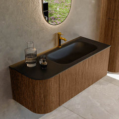 MONDIAZ KURVE 115cm badmeubel ronding Links kleur Walnut met 1 lade en 1 deur. Wastafel BIG SMALL Rechts 1 kraangat Urban.