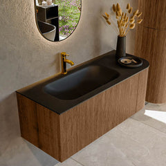 MONDIAZ KURVE 115cm badmeubel ronding Rechts kleur Walnut met 1 lade en 1 deur. Wastafel BIG SMALL Links 1 kraangat Urban.
