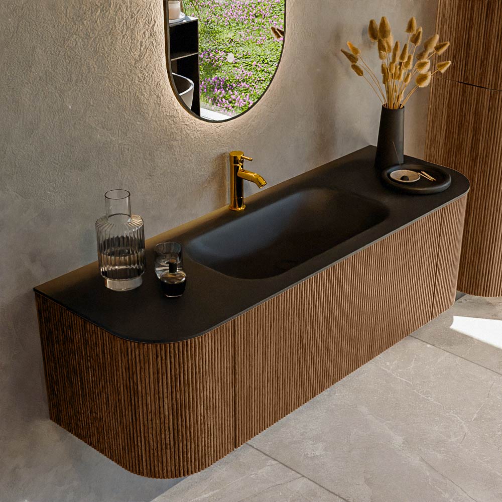 MONDIAZ KURVE 140cm badmeubel ronding Links + Rechts kleur Walnut met 1 lade en 2 deuren. Wastafel BIG SMALL Midden 1 kraangat Urban.