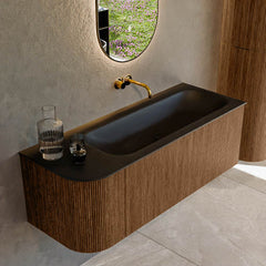 MONDIAZ KURVE 125cm badmeubel ronding Links kleur Walnut met 1 lade en 1 deur. Wastafel BIG MEDIUM Rechts zonder kraangat Urban.