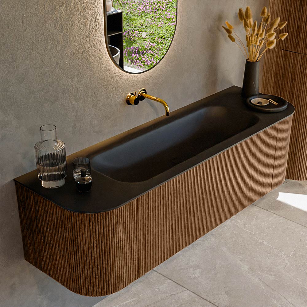 MONDIAZ KURVE 150cm badmeubel ronding Links + Rechts kleur Walnut met 1 lade en 2 deuren. Wastafel BIG MEDIUM Midden zonder kraangat Urban.