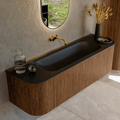 MONDIAZ KURVE 150cm badmeubel ronding Links + Rechts kleur Walnut met 1 lade en 2 deuren. Wastafel BIG MEDIUM Midden zonder kraangat Urban.