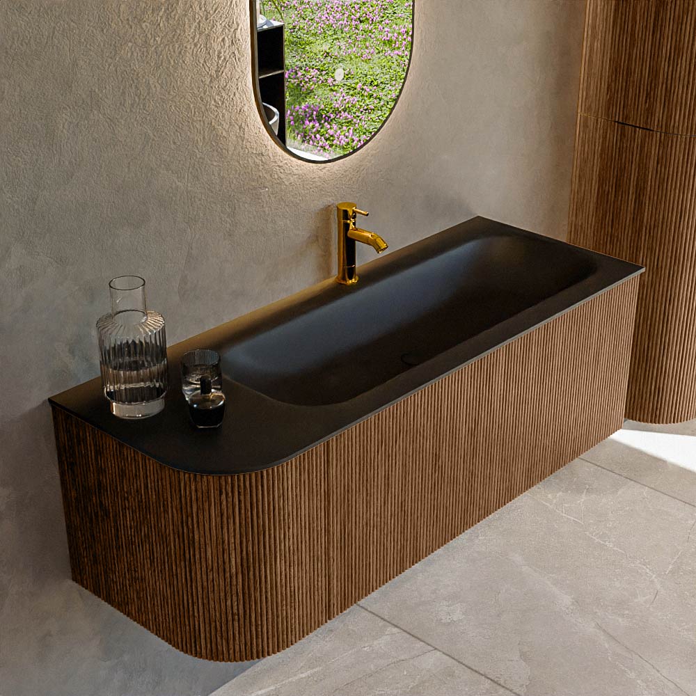 MONDIAZ KURVE 125cm badmeubel ronding Links kleur Walnut met 1 lade en 1 deur. Wastafel BIG MEDIUM Rechts 1 kraangat Urban.