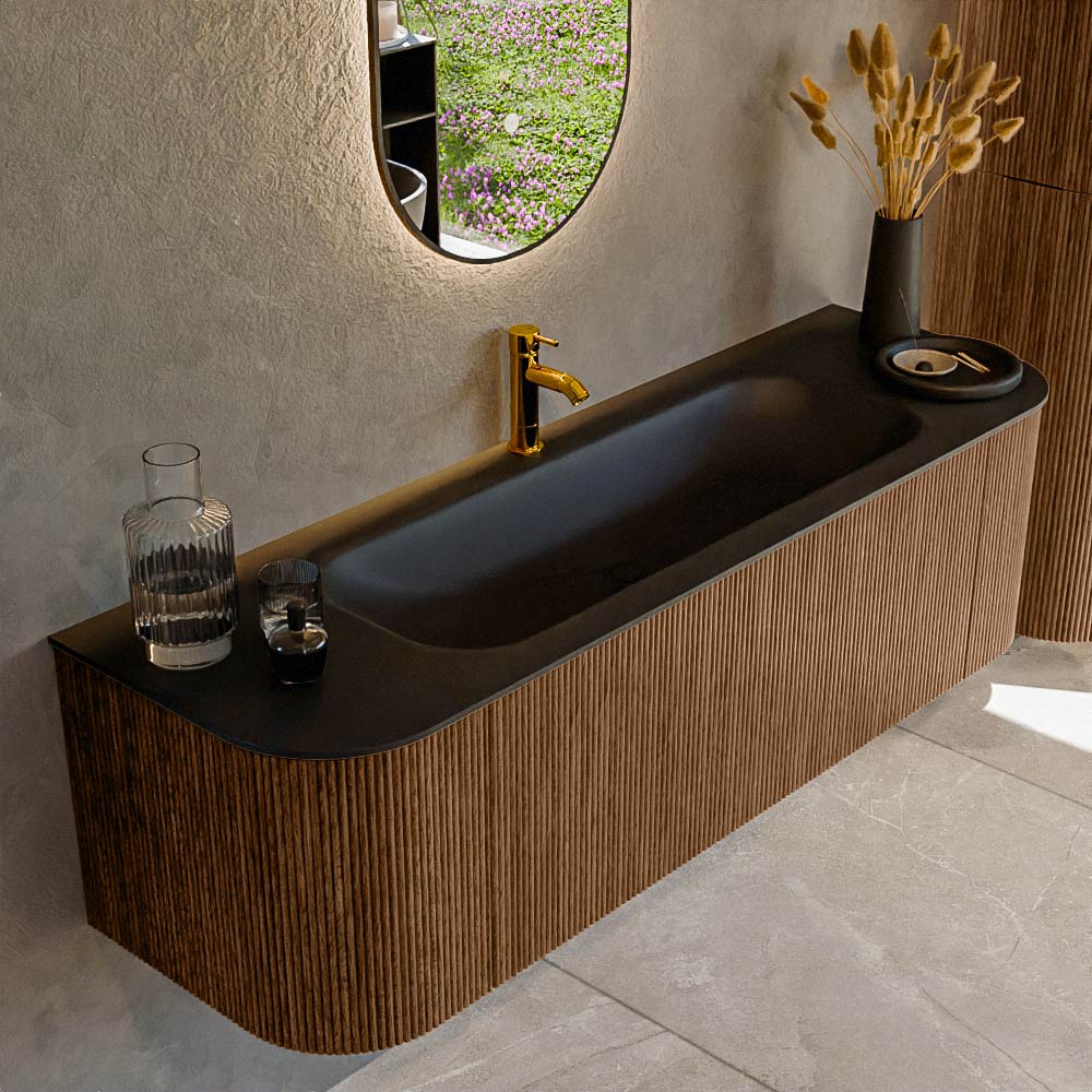 MONDIAZ KURVE 150cm badmeubel ronding Links + Rechts kleur Walnut met 1 lade en 2 deuren. Wastafel BIG MEDIUM Midden 1 kraangat Urban.