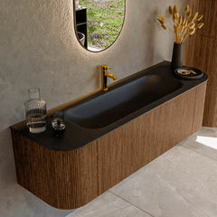 MONDIAZ KURVE 150cm badmeubel ronding Links + Rechts kleur Walnut met 1 lade en 2 deuren. Wastafel BIG MEDIUM Midden 1 kraangat Urban.
