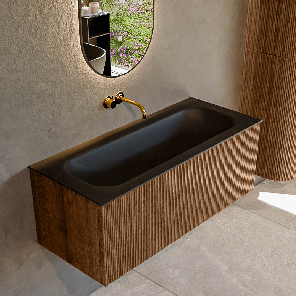 MONDIAZ KURVE 110cm badmeubel kleur Walnut met 1 lade en 0 deuren. Wastafel BIG MEDIUM Midden zonder kraangat Urban.