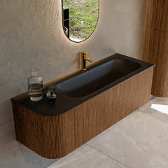 MONDIAZ KURVE 135cm badmeubel ronding Links kleur Walnut met 1 lade en 1 deur. Wastafel BIG MEDIUM Rechts 1 kraangat Urban.
