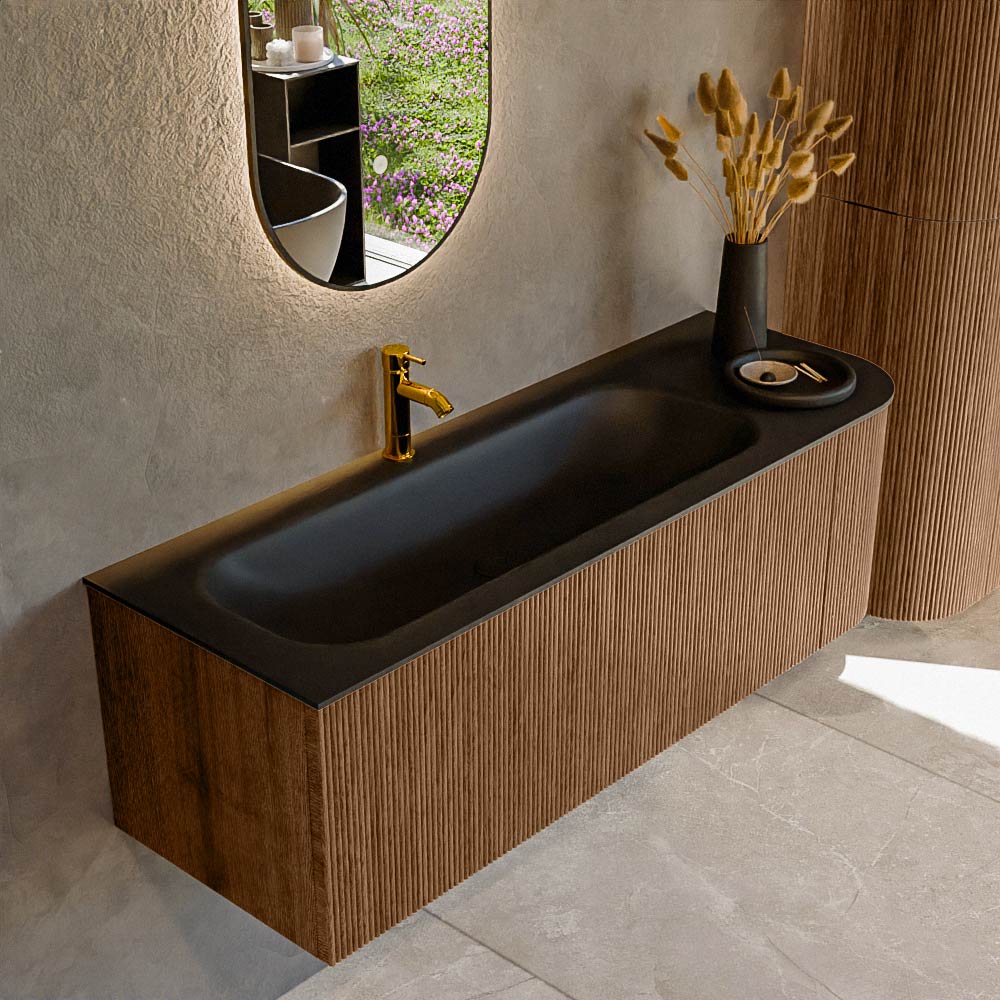 MONDIAZ KURVE 135cm badmeubel ronding Rechts kleur Walnut met 1 lade en 1 deur. Wastafel BIG MEDIUM Links 1 kraangat Urban.