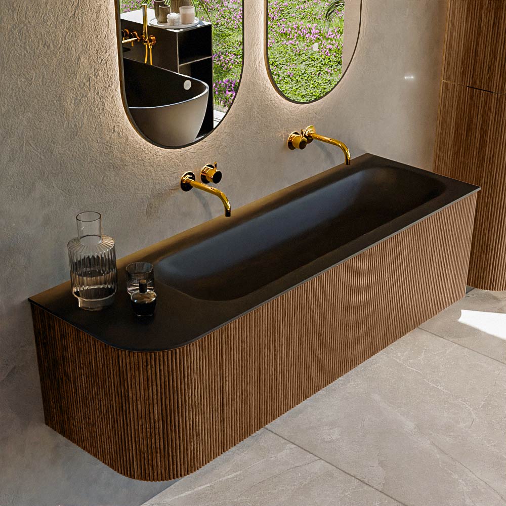 MONDIAZ KURVE 145cm badmeubel ronding Links kleur Walnut met 1 lade en 1 deur. Wastafel BIG LARGE Rechts zonder kraangat Urban.