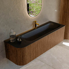 MONDIAZ KURVE 145cm badmeubel ronding Links kleur Walnut met 1 lade en 1 deur. Wastafel BIG LARGE Rechts 1 kraangat Urban.