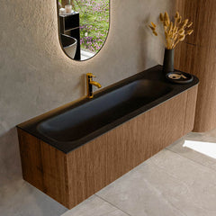 MONDIAZ KURVE 145cm badmeubel ronding Rechts kleur Walnut met 1 lade en 1 deur. Wastafel BIG LARGE Links 1 kraangat Urban.