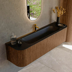MONDIAZ KURVE 170cm badmeubel ronding Links + Rechts kleur Walnut met 1 lade en 2 deuren. Wastafel BIG LARGE Midden 1 kraangat Urban.