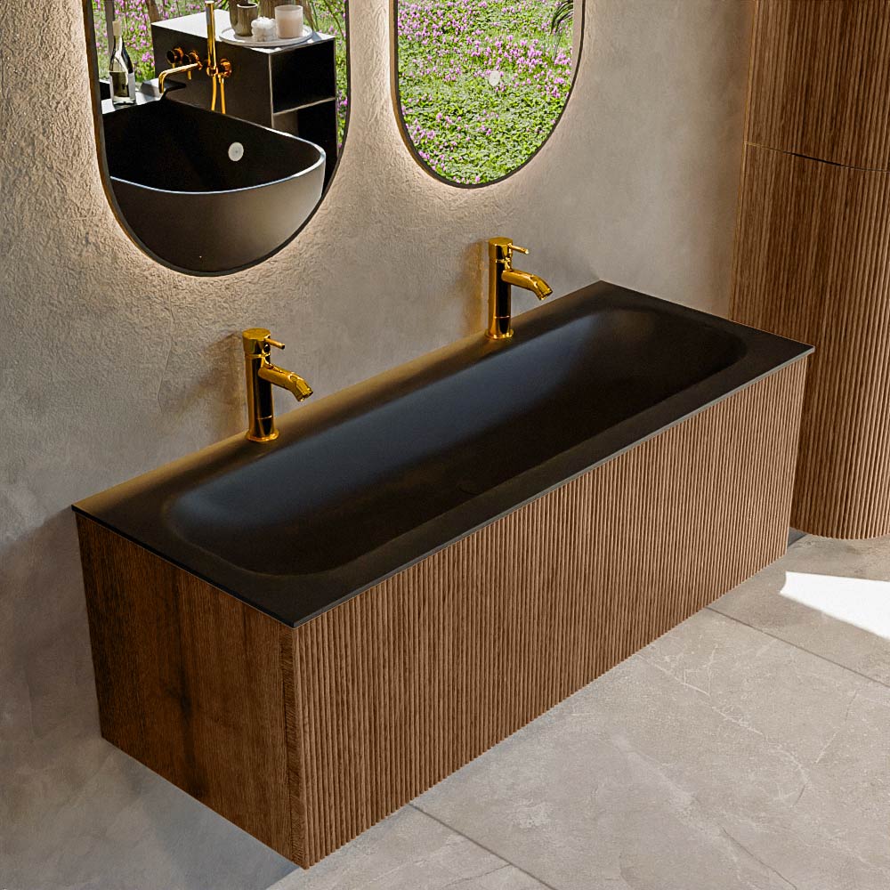 MONDIAZ KURVE 120cm badmeubel kleur Walnut met 1 lade en 0 deuren. Wastafel BIG LARGE Midden 2 kraangaten Urban.