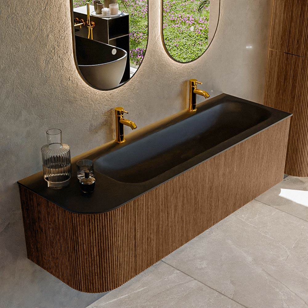 MONDIAZ KURVE 145cm badmeubel ronding Links kleur Walnut met 1 lade en 1 deur. Wastafel BIG LARGE Rechts 2 kraangaten Urban.