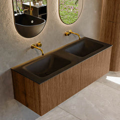 MONDIAZ KURVE 130cm badmeubel kleur Walnut met 2 lades en 0 deuren. Wastafel CLOUD Dubbel zonder kraangat Urban.