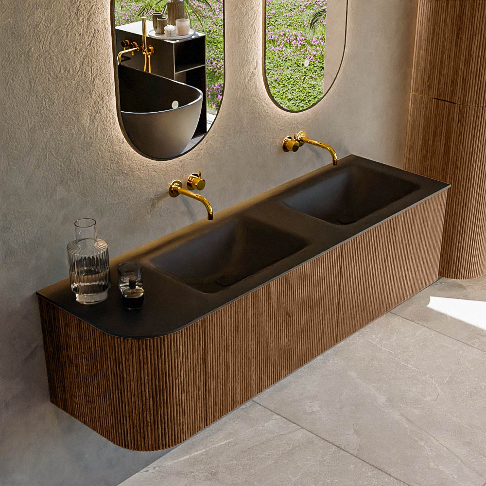 MONDIAZ KURVE 155cm badmeubel ronding Links kleur Walnut met 2 lades en 1 deur. Wastafel CLOUD Dubbel / Rechts zonder kraangat Urban.