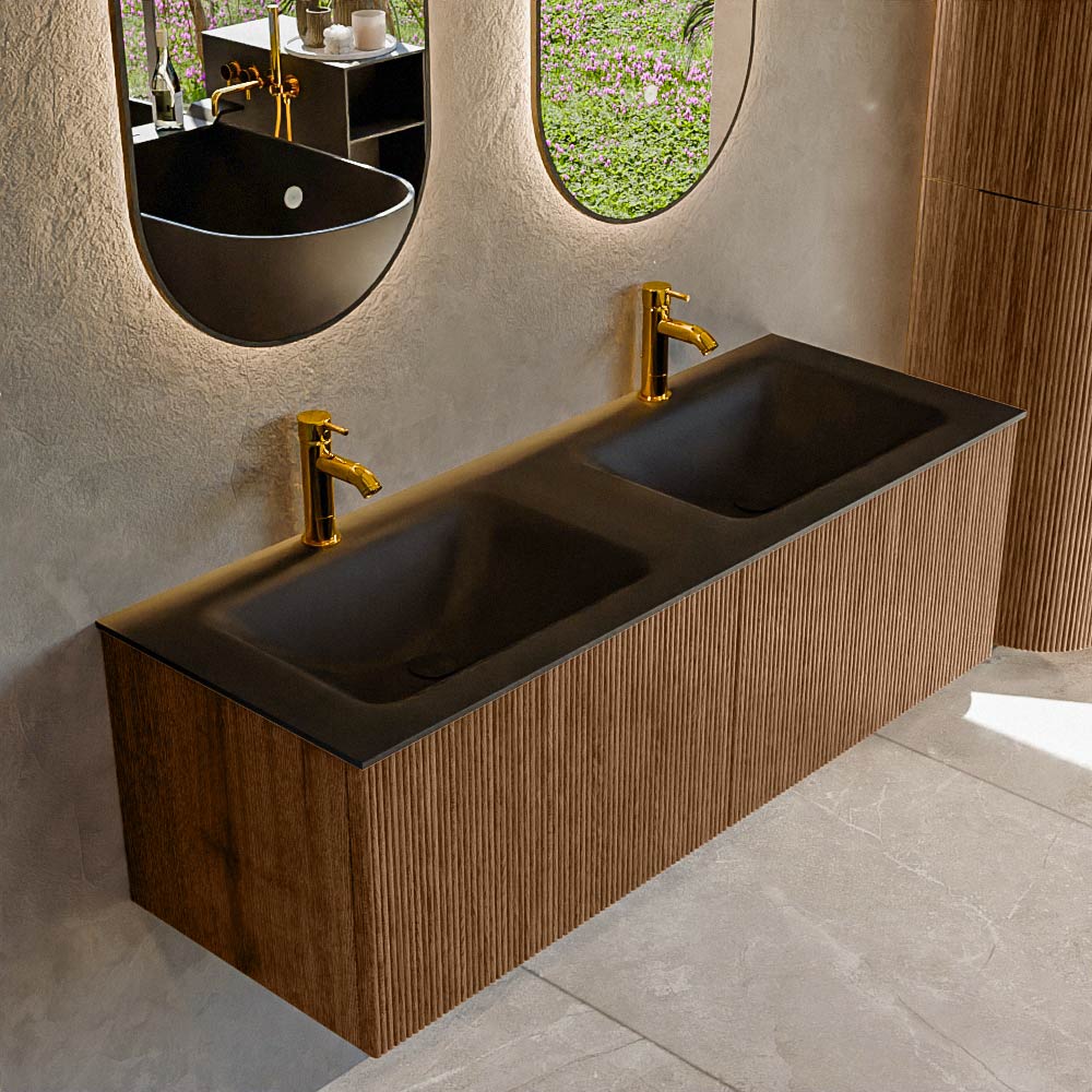 MONDIAZ KURVE 130cm badmeubel kleur Walnut met 2 lades en 0 deuren. Wastafel CLOUD Dubbel 2 kraangaten Urban.