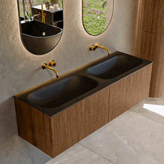 MONDIAZ KURVE 140cm badmeubel kleur Walnut met 2 lades en 0 deuren. Wastafel BIG SMALL Dubbel zonder kraangat Urban.