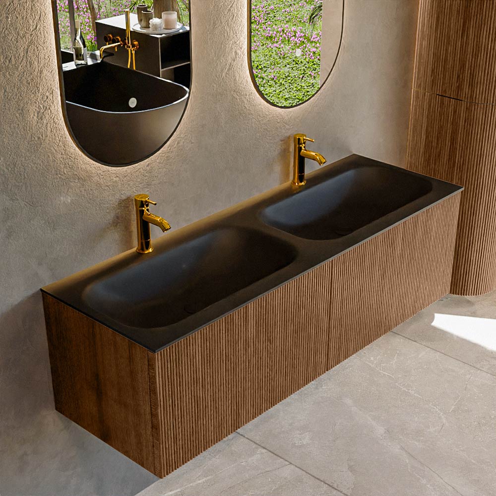MONDIAZ KURVE 140cm badmeubel kleur Walnut met 2 lades en 0 deuren. Wastafel BIG SMALL Dubbel 2 kraangaten Urban.