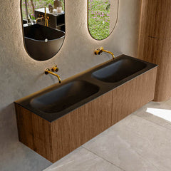 MONDIAZ KURVE 150cm badmeubel kleur Walnut met 2 lades en 0 deuren. Wastafel BIG SMALL Dubbel zonder kraangat Urban.