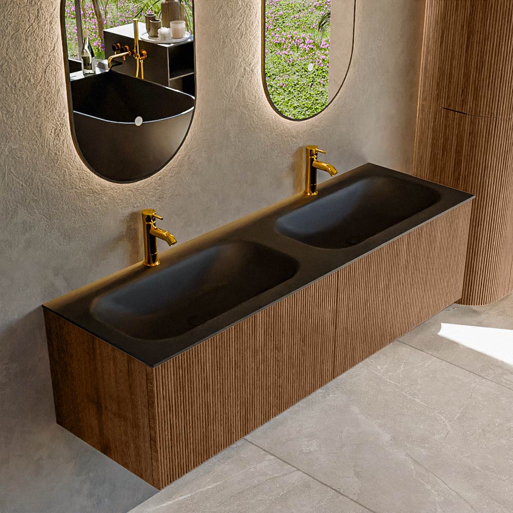 MONDIAZ KURVE 150cm badmeubel kleur Walnut met 2 lades en 0 deuren. Wastafel BIG SMALL Dubbel 2 kraangaten Urban.