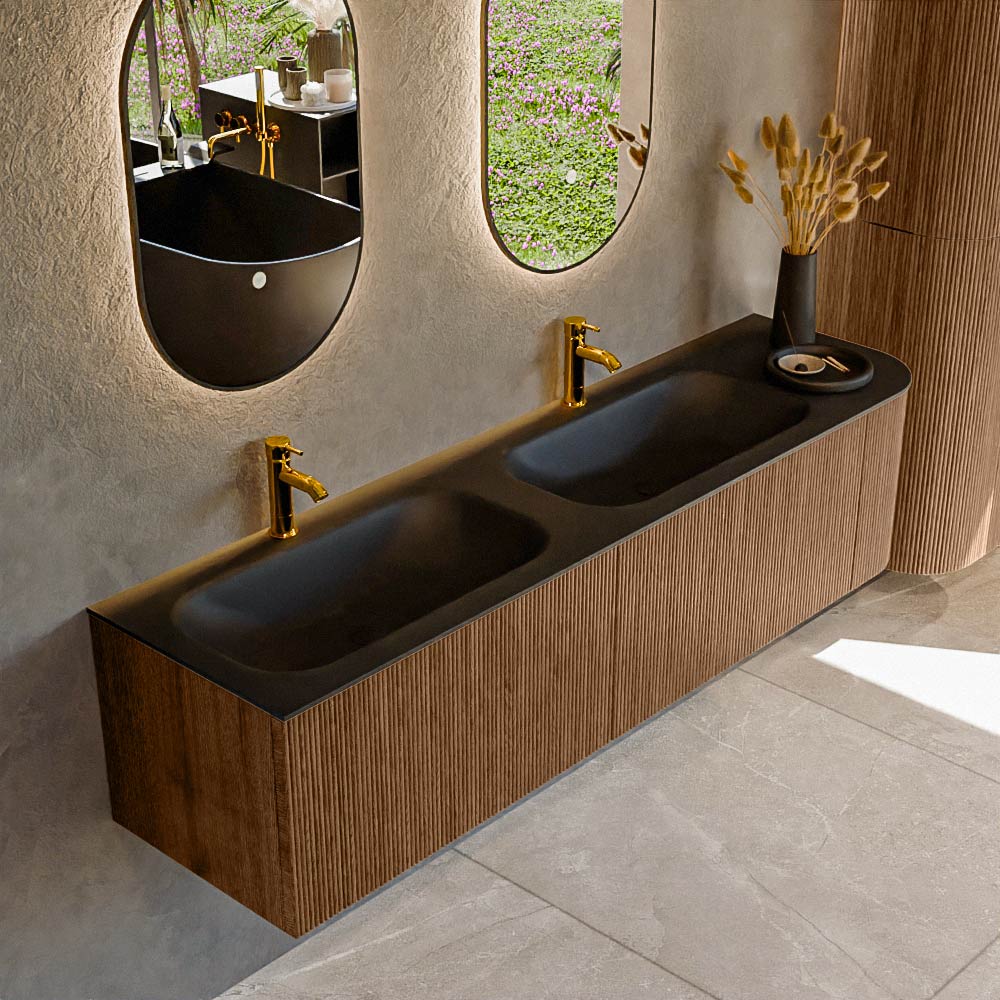 MONDIAZ KURVE 175cm badmeubel ronding Rechts kleur Walnut met 2 lades en 1 deur. Wastafel BIG SMALL Dubbel / Links 2 kraangaten Urban.