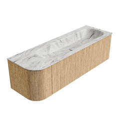 MONDIAZ KURVE-DLUX 145cm badmeubel ronding Links kleur Oak met 1 lade en 1 deur. Wastafel BIG LARGE Rechts 1 kraangat Glace.