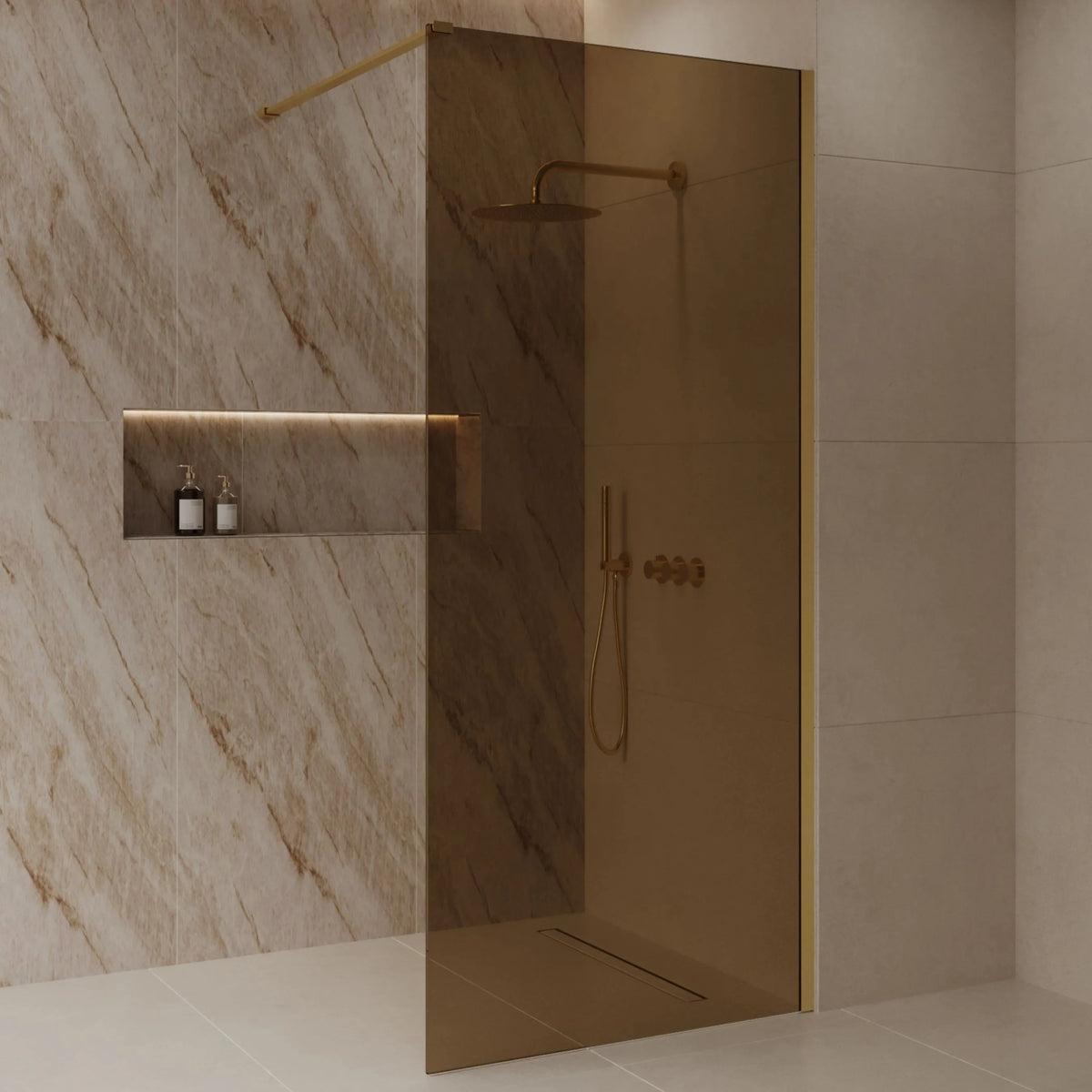 Best Design Dalis walk-in shower 80cm brushed brass with amber glass