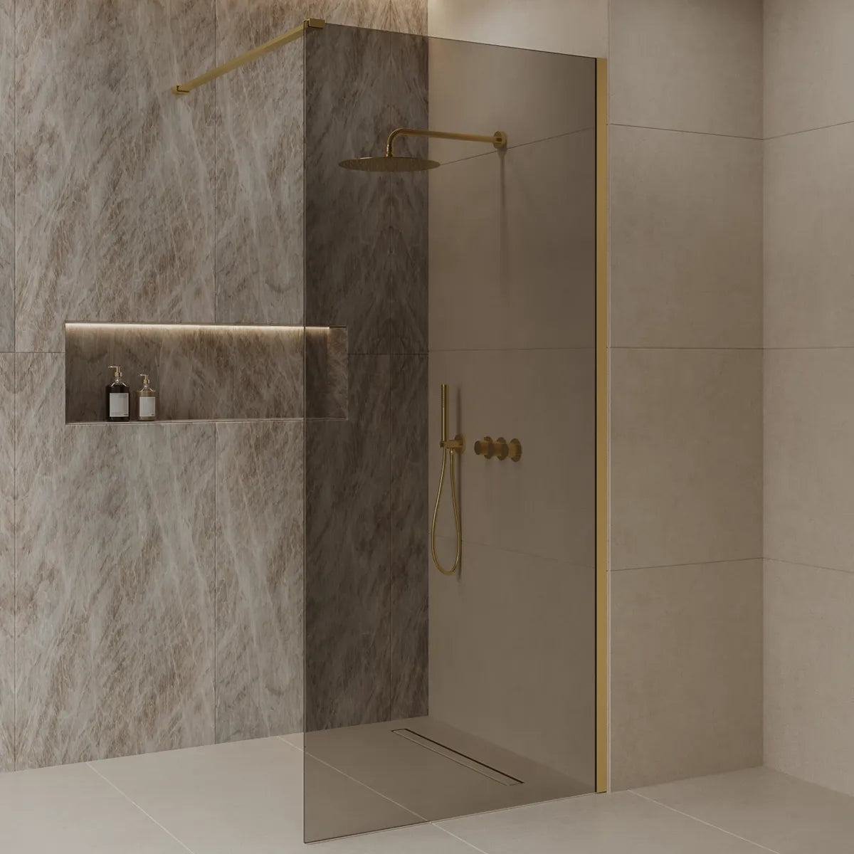 Best Design Dalis walk-in shower 90cm brushed brass with mocha glass