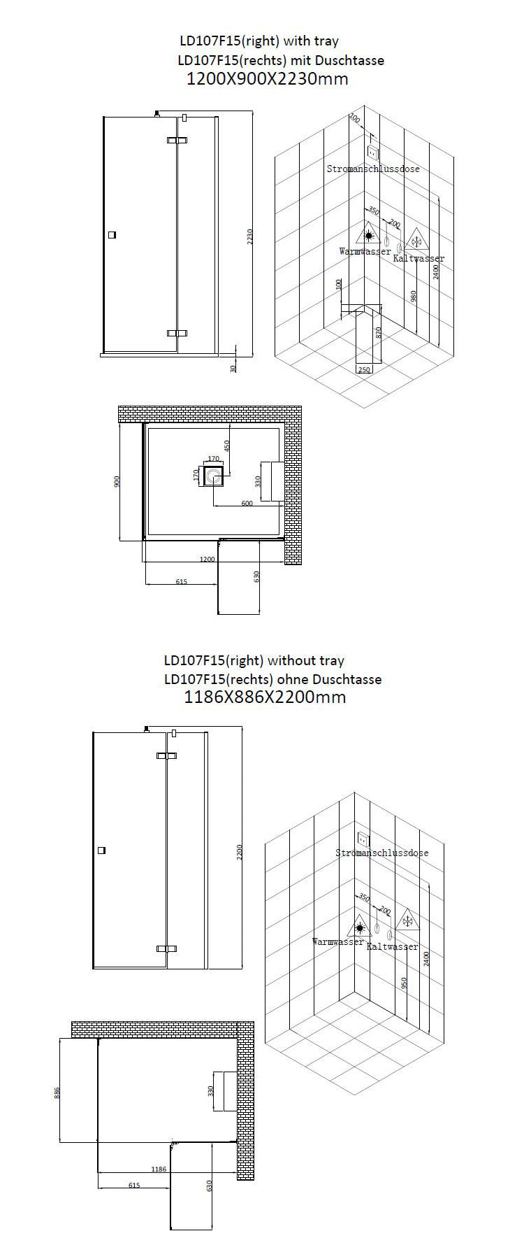 AWT Stoomcabine/douche LD107F15 wit ganzend/120x90/rechts zonder douchebak en achterwanden