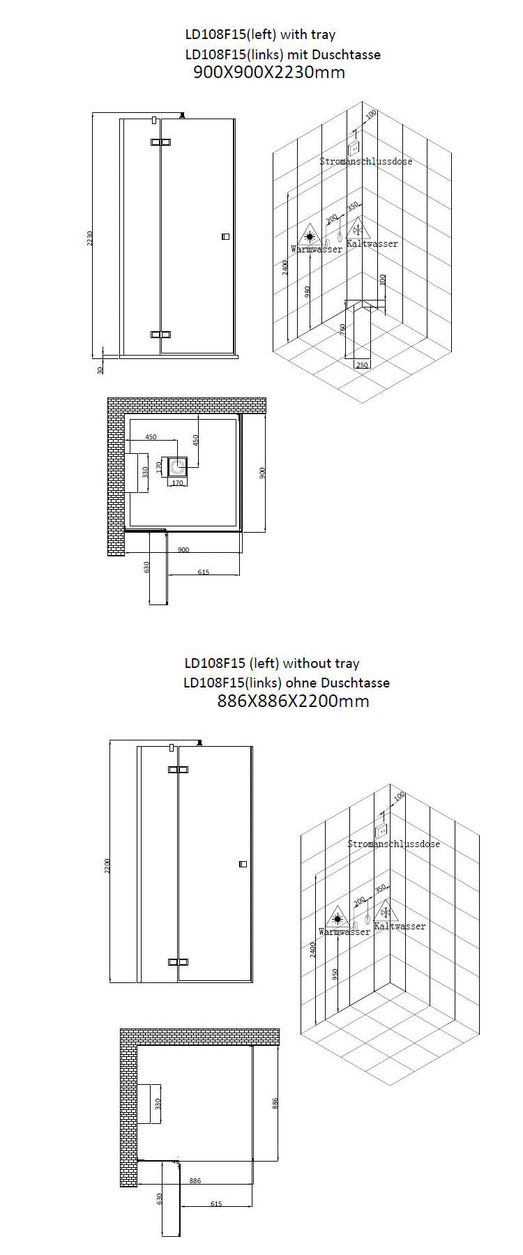 AWT Stoomdouche LD108F15 wit glanzend/90x90/links zonder achterwanden en douchebak