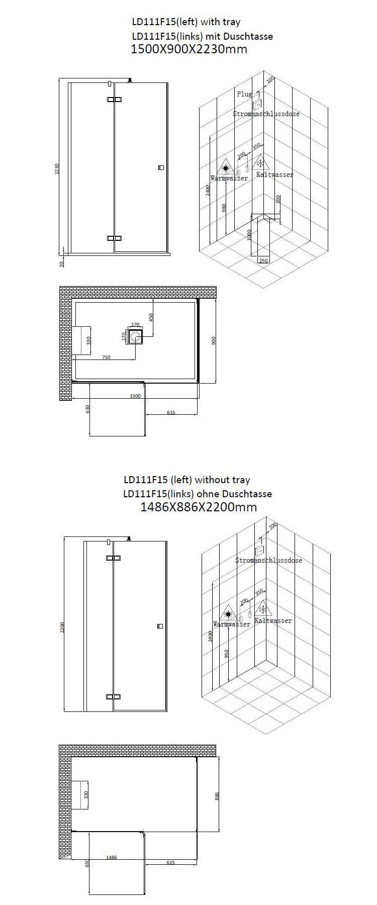 AWT Stoomdouche LD111F15 met achterwanden zonder douchebak wit glanzend/150x90/links