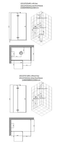 AWT Stoomdouche LD111F15 met achterwanden zonder douchebak wit glanzend/150x90/links