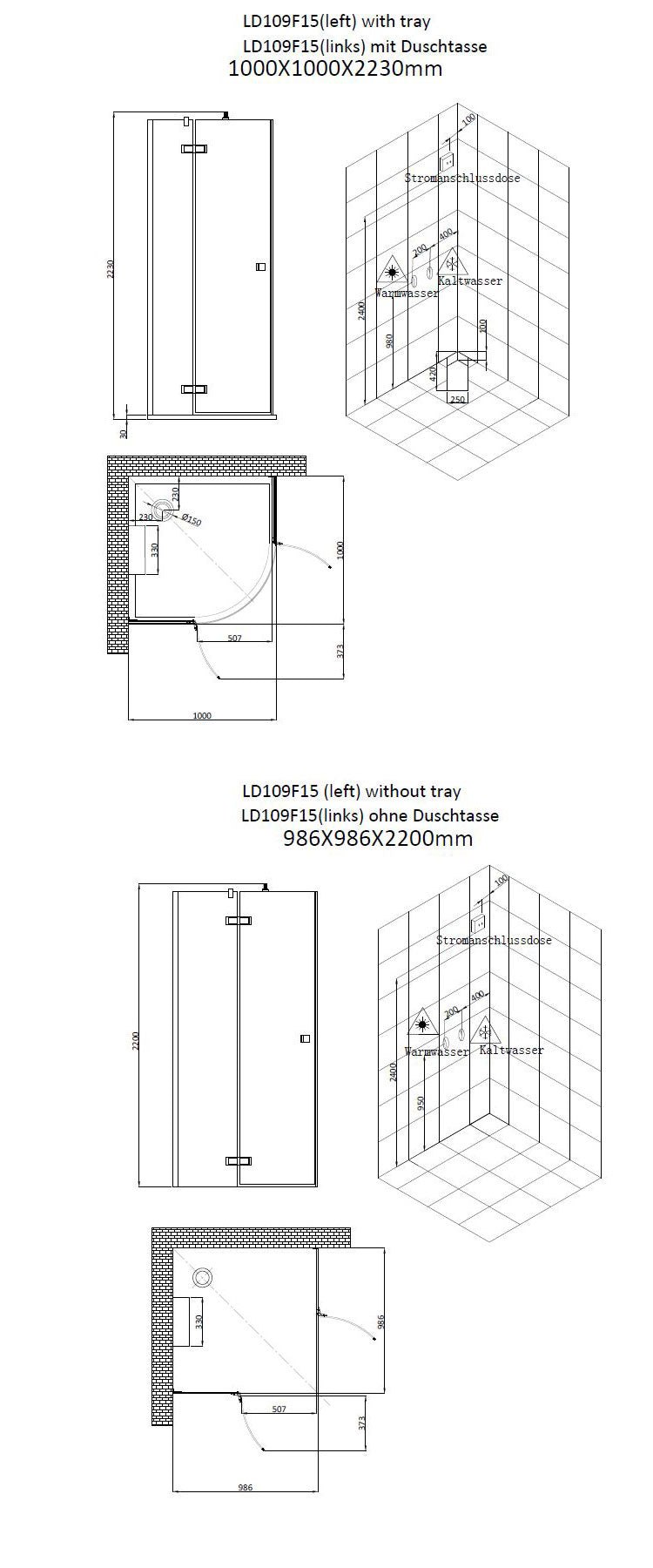 AWT LD109F15 - Stoomcabine - kwart rond - 100x100 - zonder douchebak en achterwanden