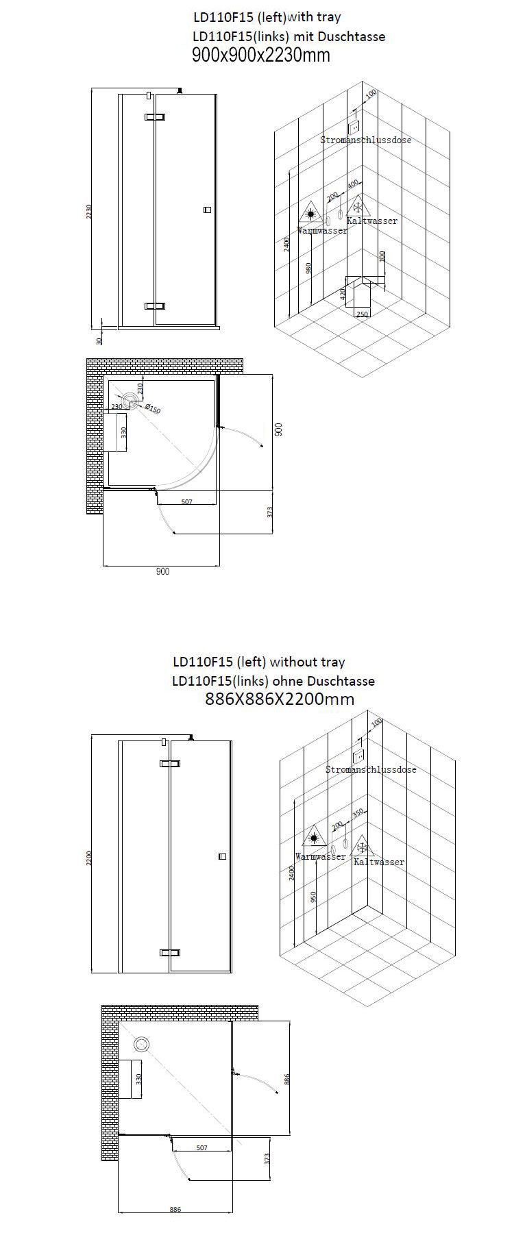 AWT Stoomdouche LD110F15 zonder douchebak en achterwanden wit glanzend/90x90