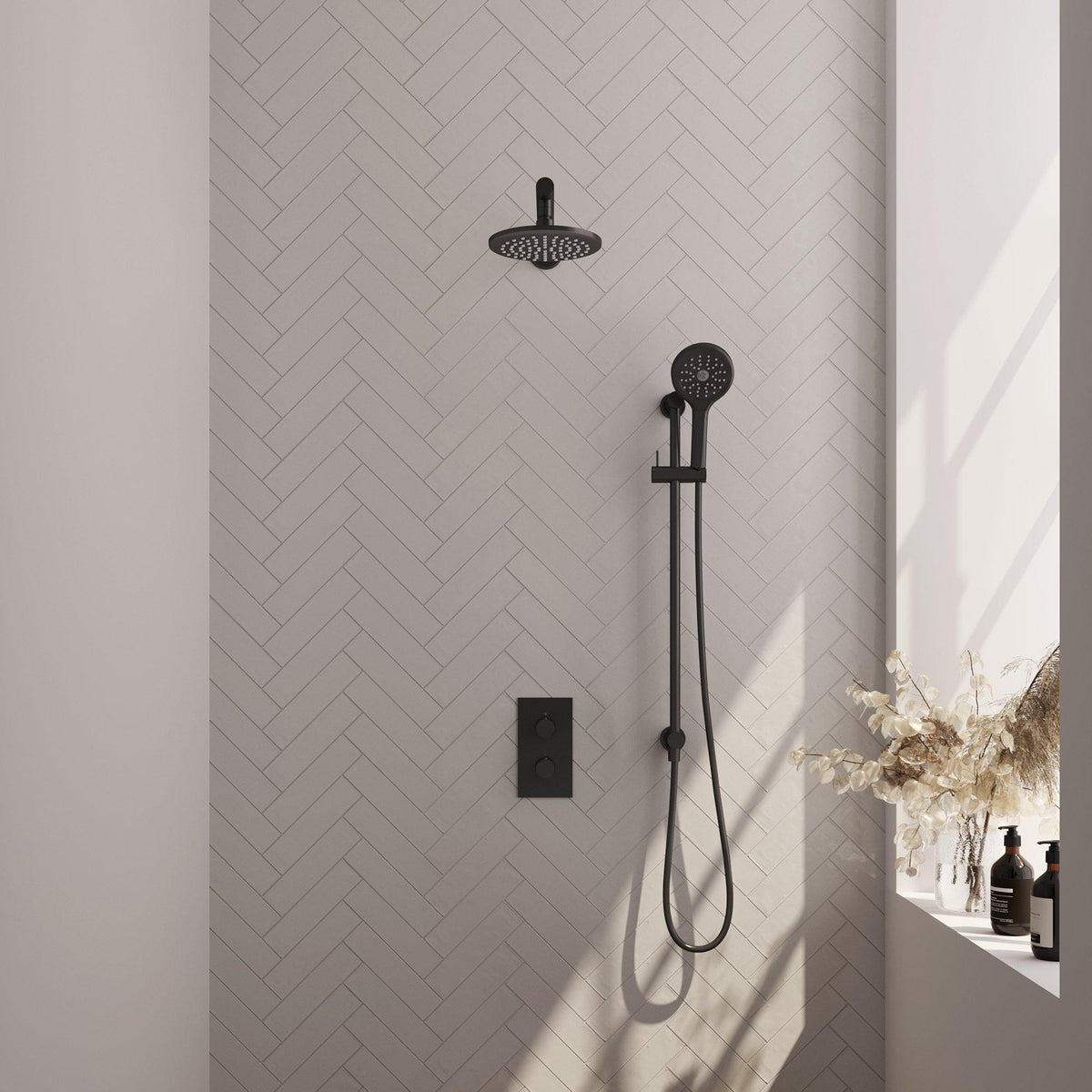 BRAUER Black Edition thermostatische inbouw regendouche 3-weg omstelling SET 43 met 20 cm douchekop en rechte muurarm en 3-standen handdouche en doucheslang en geïntegreerde glijstang mat zwart