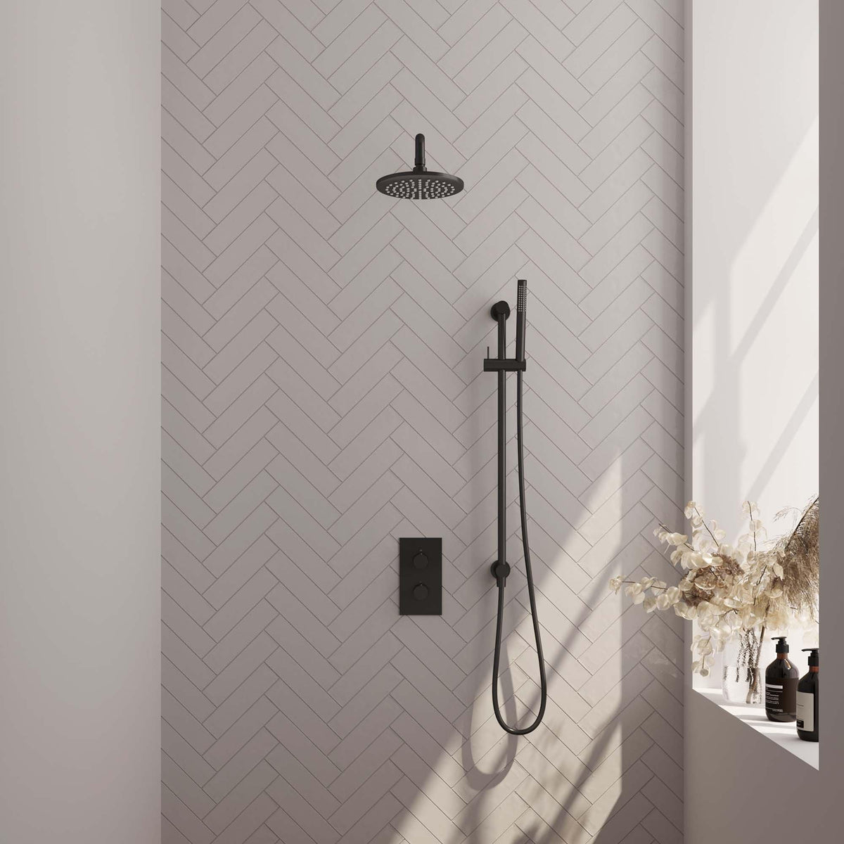 BRAUER Black Edition thermostatische inbouw regendouche 3-weg omstelling SET 39 met 20 cm douchekop en gebogen muurarm en staaf handdouche en doucheslang en geïntegreerde glijstang mat zwart