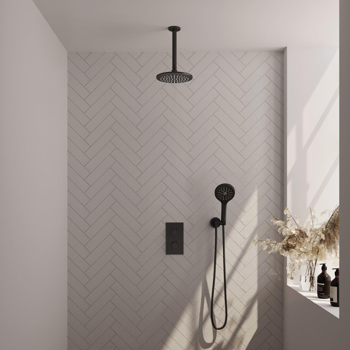 BRAUER Black Edition thermostatische inbouw regendouche 3-weg omstelling SET 35 met 20 cm douchekop en plafondarm en 3-standen handdouche en doucheslang en wandaansluitbocht mat zwart