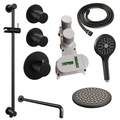 BRAUER Black Edition thermostatische inbouw regendouche SET 21 met 20 cm douchekop en gebogen muurarm en 3-standen handdouche en doucheslang en geïntegreerde glijstang mat zwart