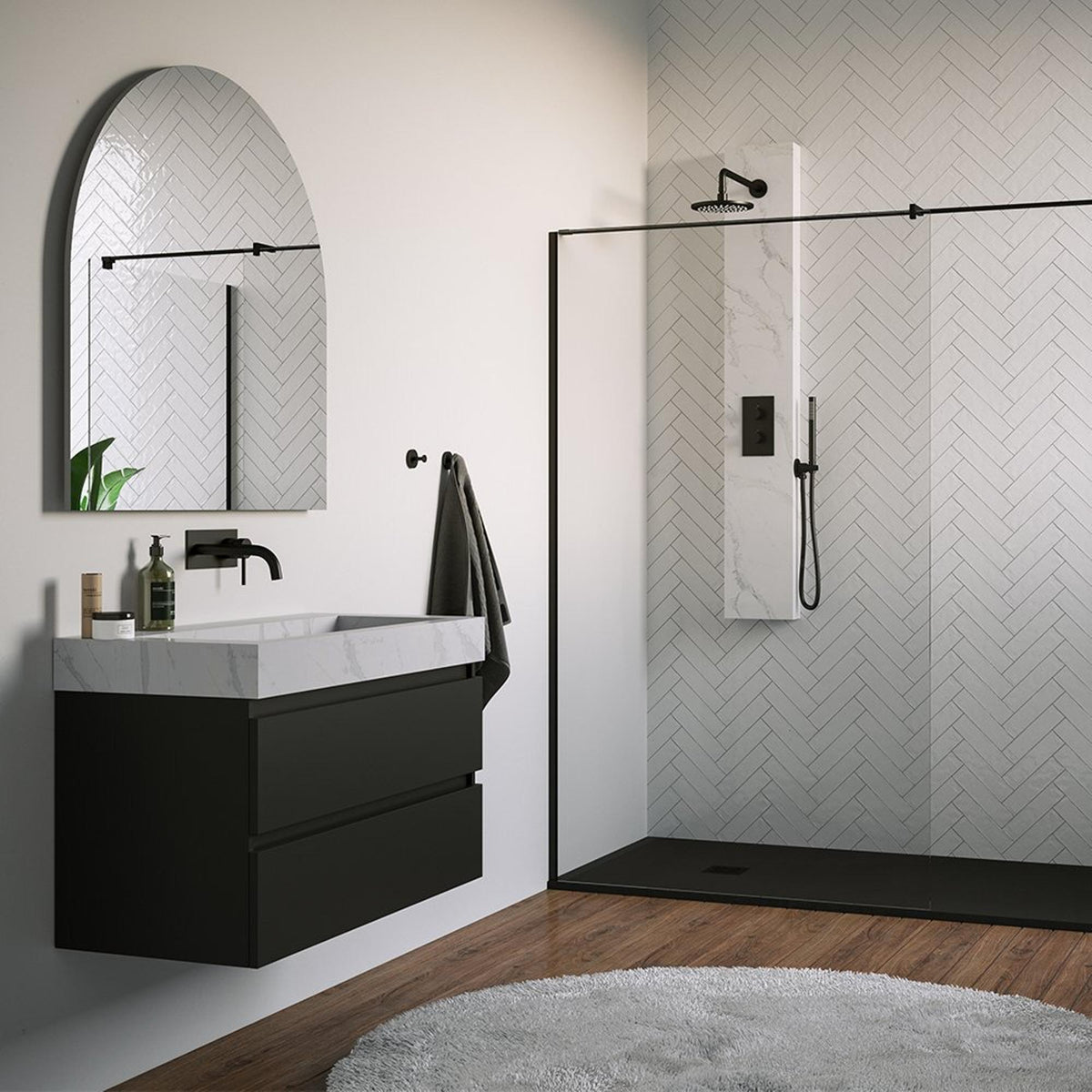 BRAUER Black Edition thermostatisch douchepaneel 2-weg omstelling calacatta gold SET 01 met 20 cm douchekop en gebogen muurarm en staaf handdouche en wandaansluitbocht en doucheslang mat zwart