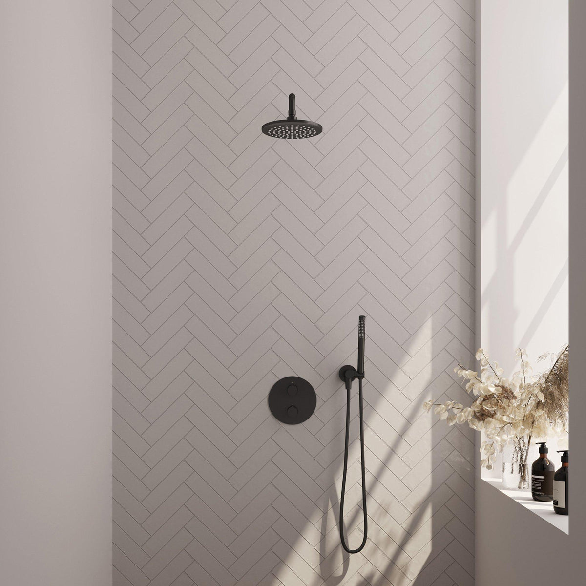 BRAUER Black Edition thermostatische inbouw regendouche 3-weg rond SET 75 met 20 cm douchekop en gebogen muurarm en staaf handdouche en doucheslang en wandaansluitbocht mat zwart