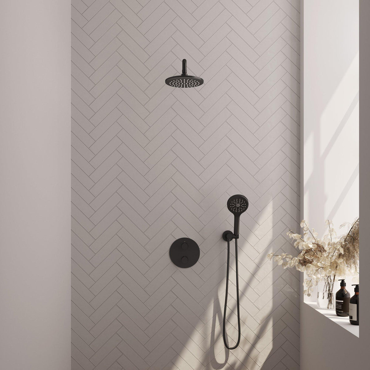 BRAUER Black Edition thermostatische inbouw regendouche 3-weg rond SET 81 met 20 cm douchekop en gebogen muurarm en 3-standen handdouche en doucheslang en wandaansluitbocht mat zwart