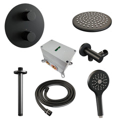 BRAUER Black Edition thermostatische inbouw regendouche 3-weg rond SET 83 met 20 cm douchekop en plafondarm en 3-standen handdouche en doucheslang en wandaansluitbocht mat zwart